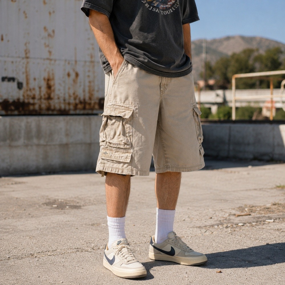 Vintage Y2K Lee Mens Baggy Cargo Paratrooper Shorts Sz 38 Beige Skater Workwear